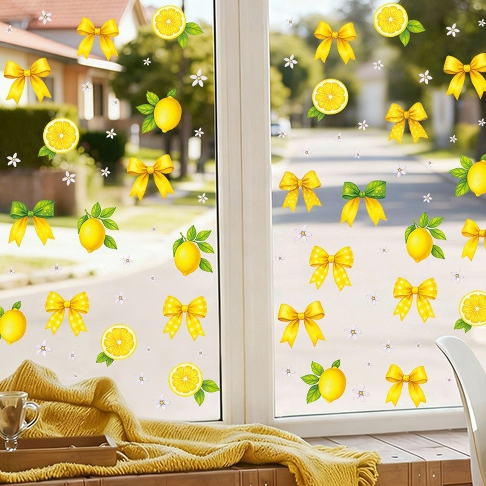 Yellow PVC Wall Stickers Lemon and Bow Pattern for Girls Room Kitchen 4 Sheets