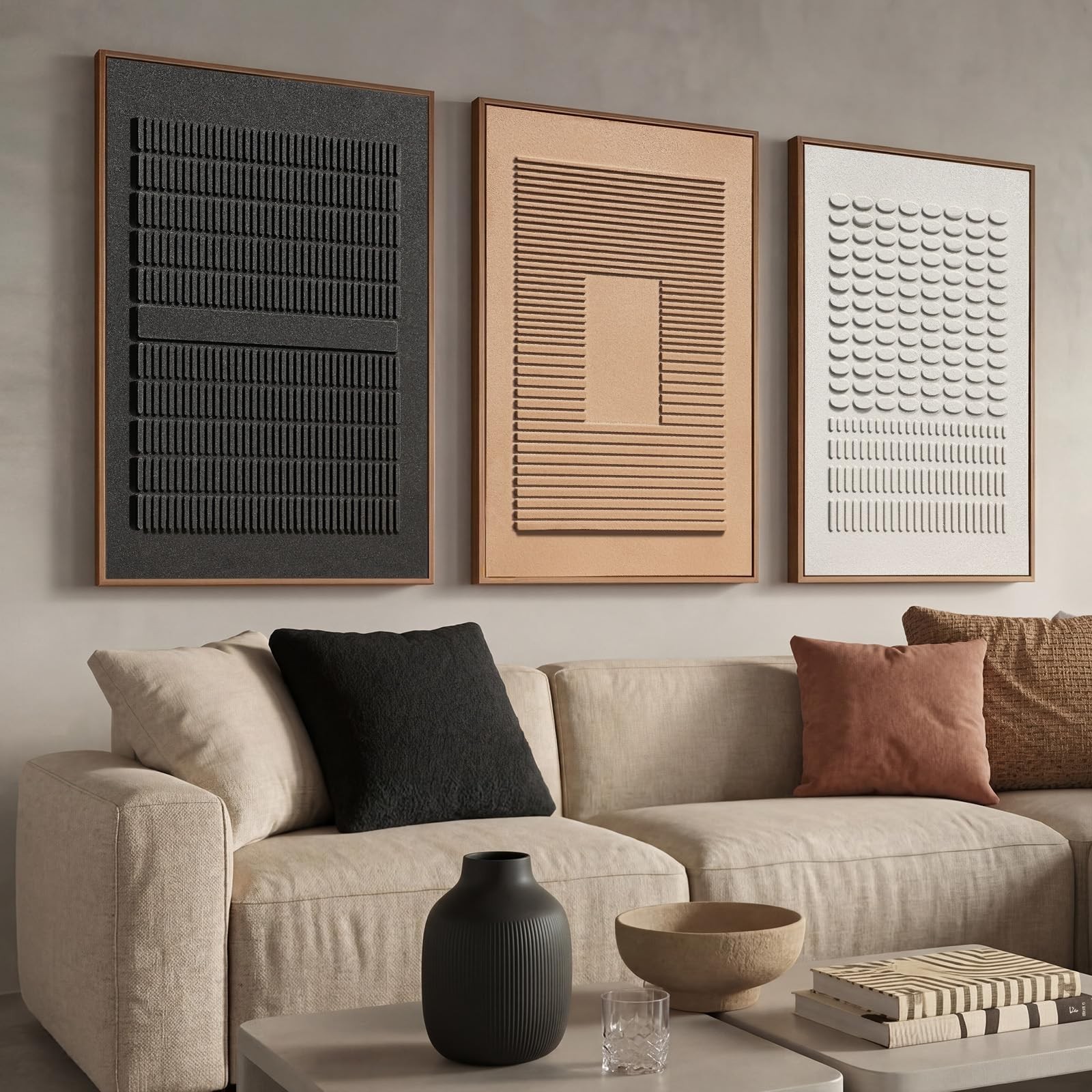 Large 3D Textured Framed Wall Art for Living Room, 3 Piece Minimalist Geometr…