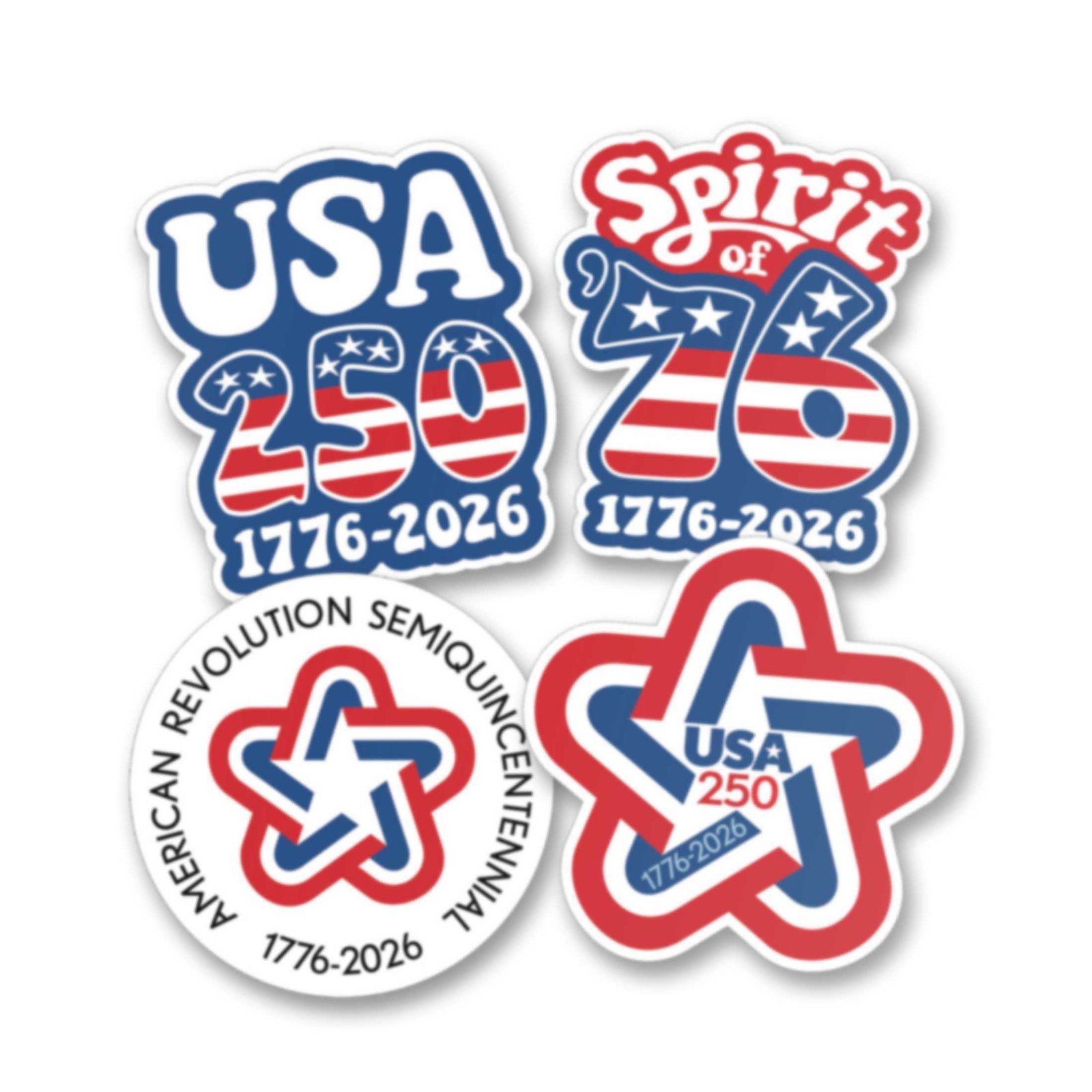 America 250th – 4 PACK Die Cut Stickers – USA 250 1776-2026 – Assorted Designs
