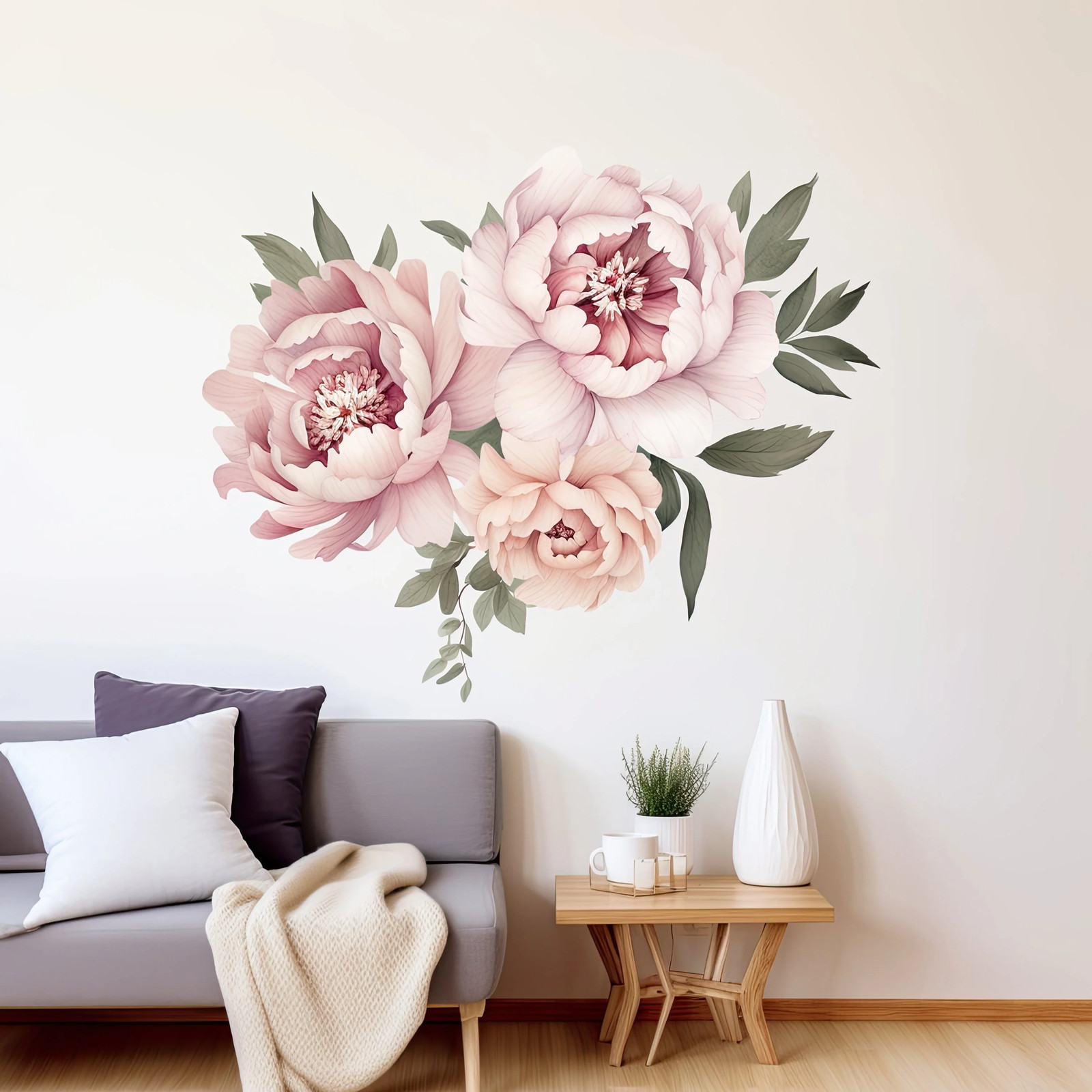 Elegant Peony Flowers Wall Decal – Watercolor Floral Peel and Stick Design –