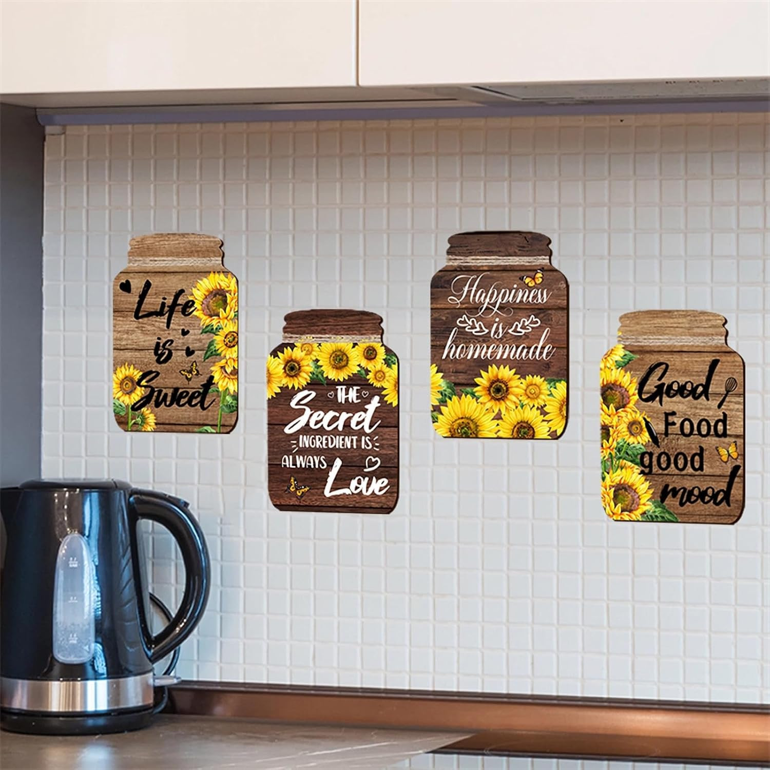 8 Sheets Sunflower Spice Jar Kitchen Wall Stickers, Kitchen Quotes Utensils DIY